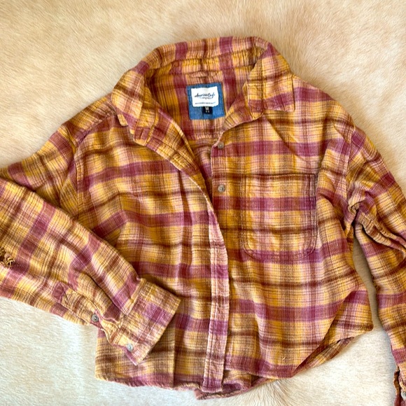 AMERICAN EAGLE Button Down Brown & Burnt Orange PLAID FLANNEL Shirt - Picture 1 of 10